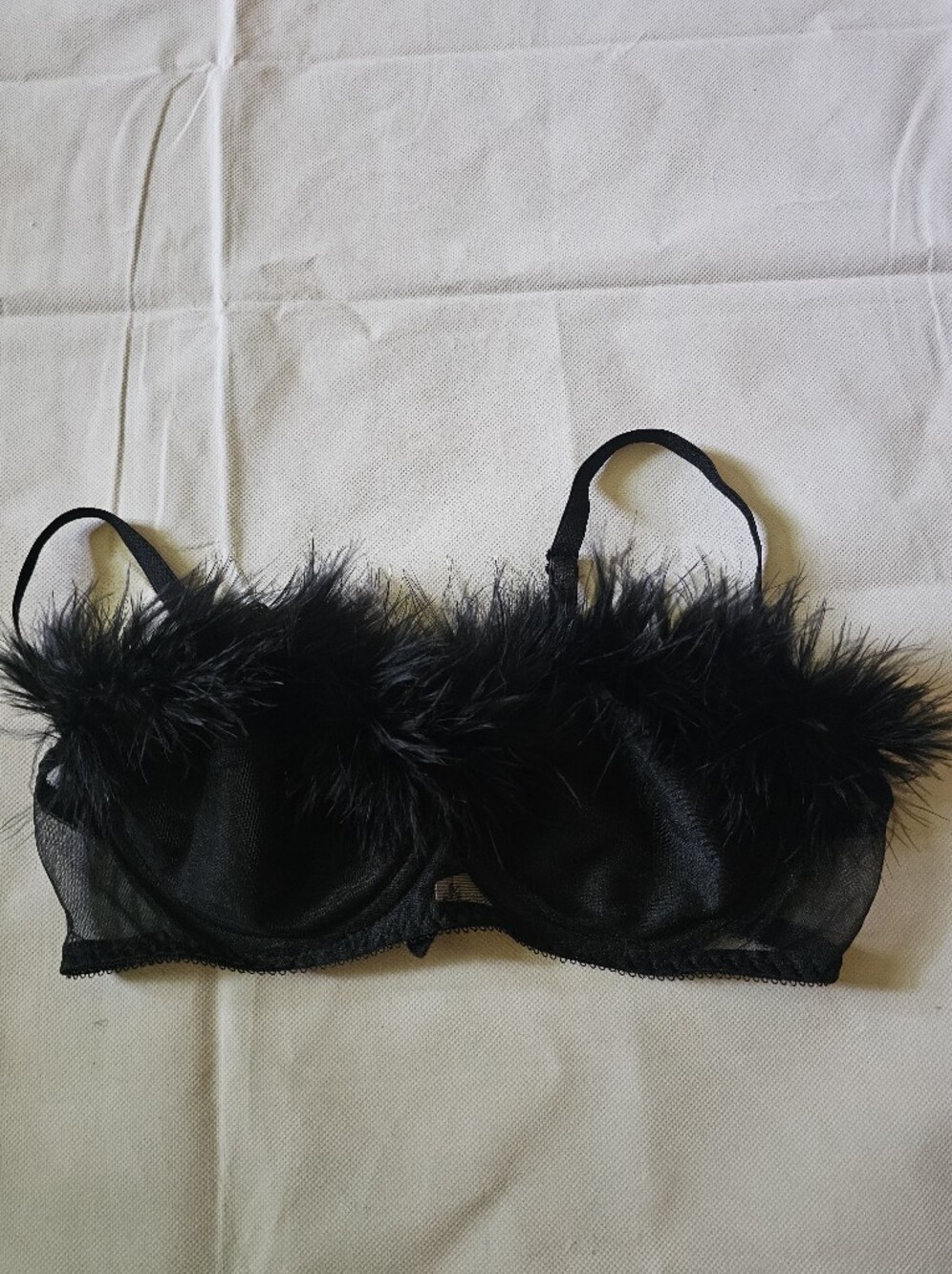 Sheer Black Feather-Trim Bra with Adjustable Straps